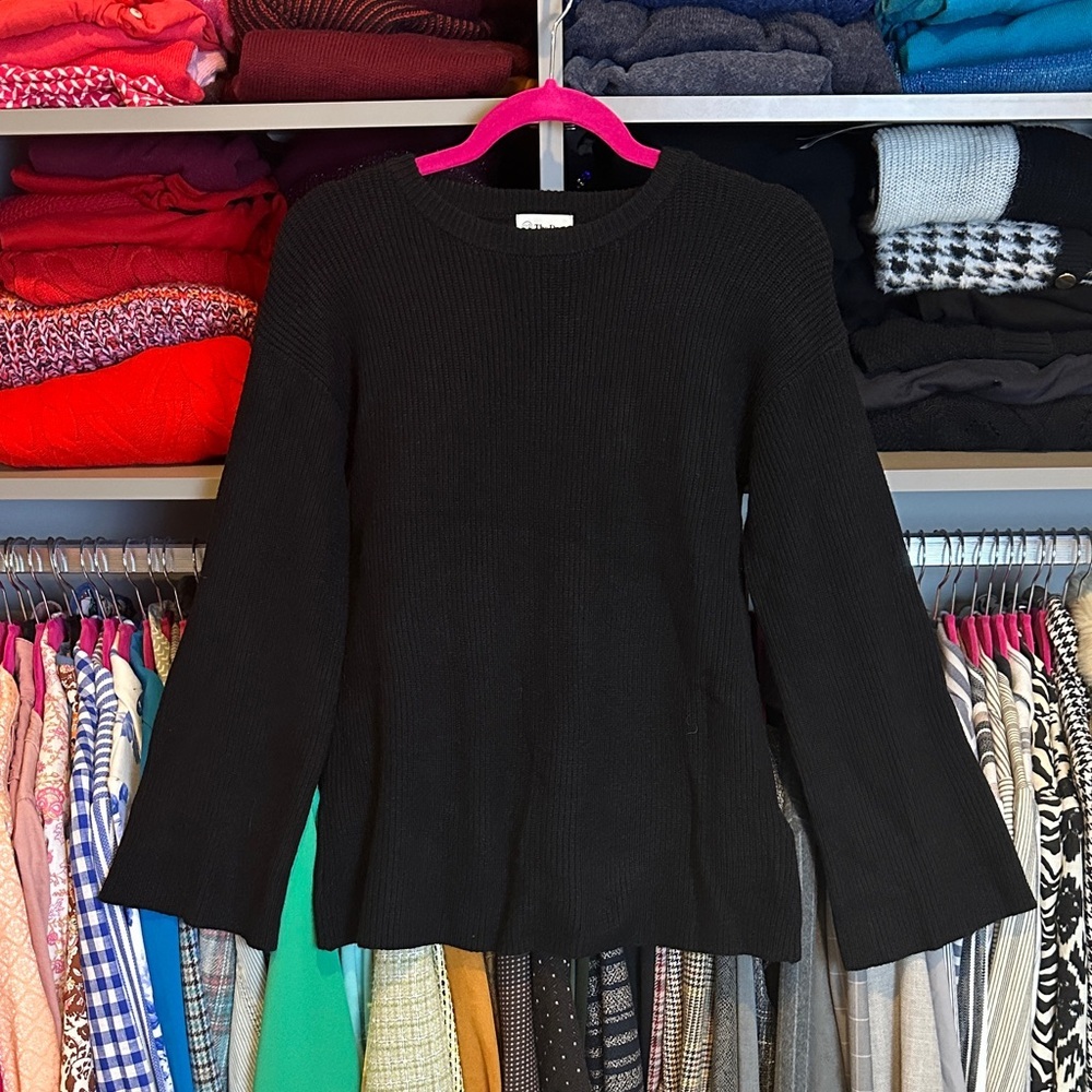 The Drop black long bell sleeve back slit crew neck sweater size XXS NWT